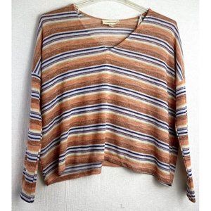 Coverstitch Boho Sweater Pullover Top Stripe V Neck Long Sleeve Thin Knit Sz:M